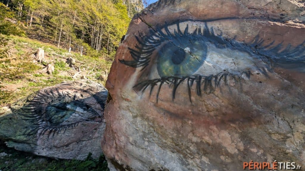 Rocher peint d'un grand œil le long d'un sentier en forêt en Slovénie